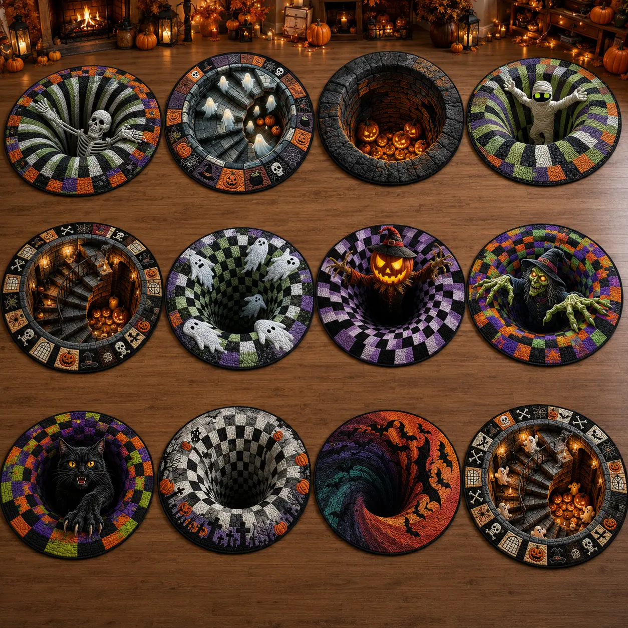 Halloween Round Rug 3D Skeleton Vortex Illusion Mat, Soft Non Slip Indoor Rug, Spooky Decor For Living Room Kitchen Bathroom