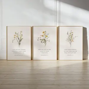 Christian Floral Wall Art Set of 3, Bible Verse Print, Scripture Quote Decor, Nehemiah 8:10 Christian Poster, Faith Based Home Decoration Print