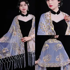 Fashion Sequins Elegant Wedding Shawl Embroidered Lace Lace Hollow Floral Sheer Scarf Breathable Tulle Prayer Shawl for Women