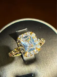 *MAGIC CRYSTAL*    Item#00000013 European 14K Gold Plated Halo Four-Prong Setting Rectangular Emerald-Cut Large White Cubic Zirconia Adjustable Fashion Ring (Center Stone 2.5 Carat, Ring Size 6 and Up)