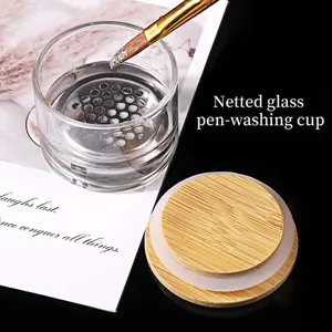 Nail Wash Pen Cup, Thick Glass, Multifunctional Crystal Cup, Stainless Steel Filter, Cleaning Container, Painted Light Therapy, Nail Brush, Brush Tool, Cup