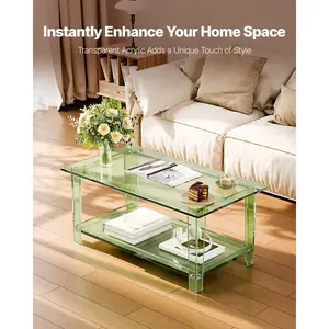 2-Tier Rectangular Acrylic Coffee Table with Storage Shelf, Modern Center Table with Rectangular Base, Ideal for Dining Room, Office, 19.7x31.5x15.7in (Green)