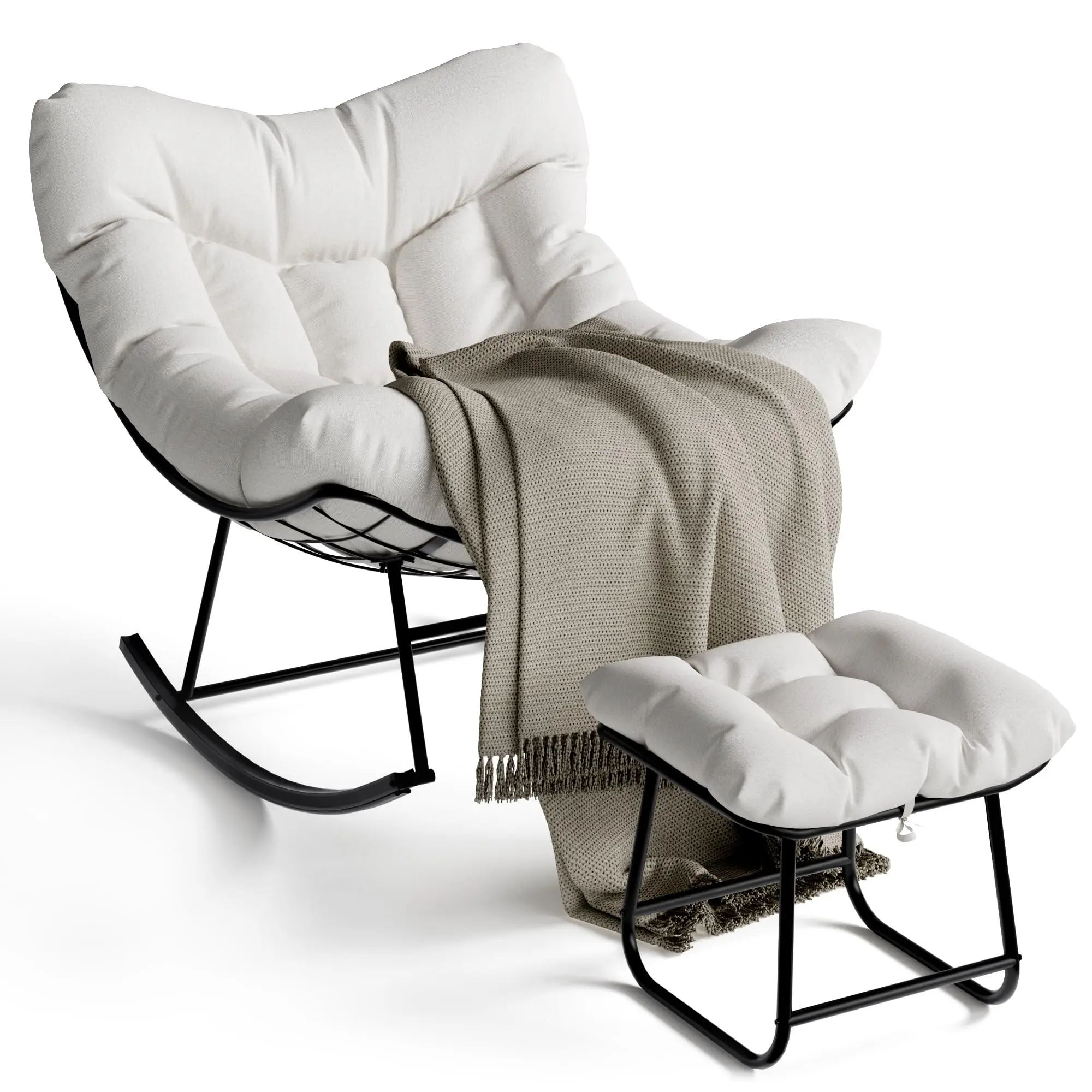 GAOMON Oversized Wicker Rocking Papasan Chair with Footrest - Sturdy Metal Frame PE Egg Lounge Chair, Wipe Clean Durable Indoor Outdoor Furniture for Patio, White, Suitable for Adults & Kids