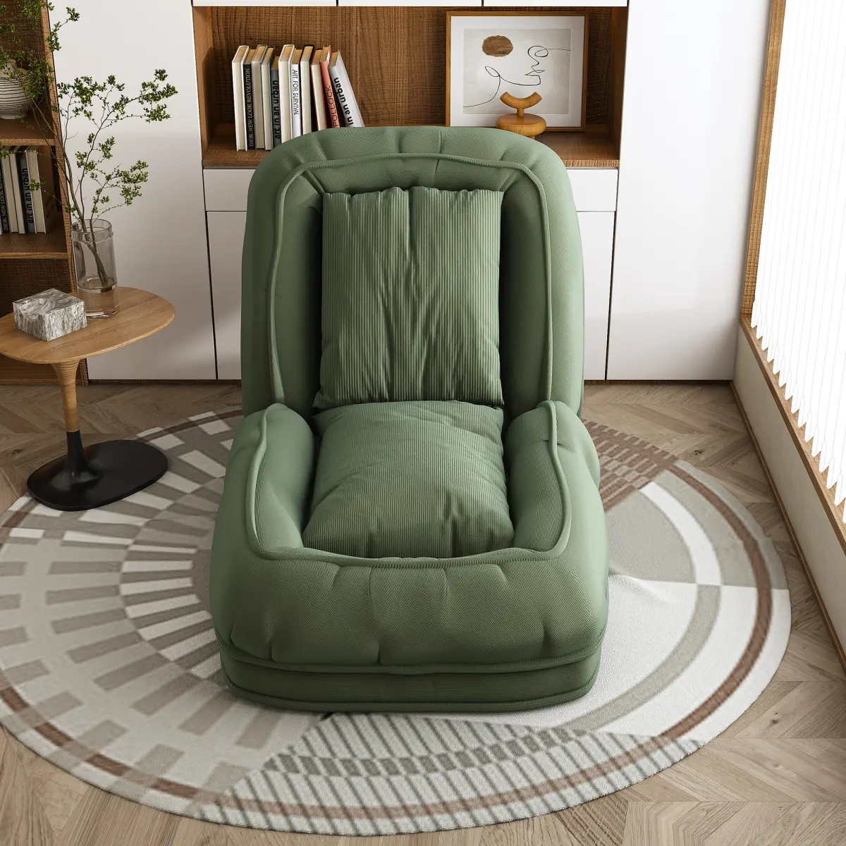1-Person Corduroy Upholstered Lazy Sofa Bed - Compact Foldable Recliner, 5 Adjustable Positions, Tool-Free Setup, 2 Soft Pillows for Bedroom, Living Room (Green), One Person