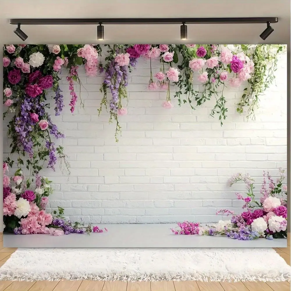Polyester Flower Pattern Wall Hanging Banner, 1-Count Romantic Brick Wall Backdrop, Home & Festive Party Decor for Wedding & Birthday Ornaments
