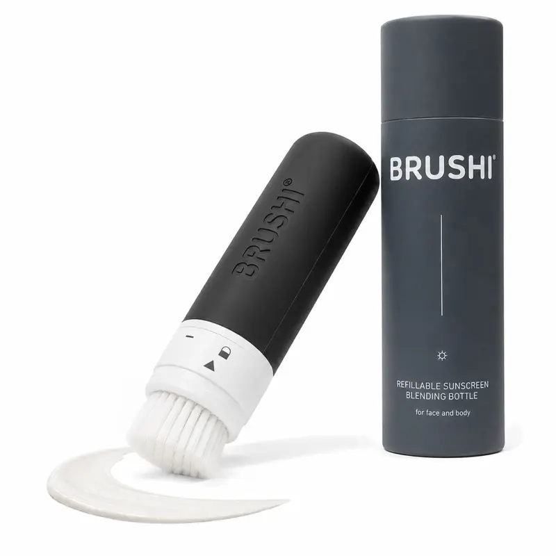 BRUSHI Refillable Sunscreen Applicator - 2-in-1 BPA-Free 3oz Squeezy Silicone Bottle & Brush, Soft Bristles for Mess-Free Fill, Squeeze & Blend, Smooth Application, Patent No. US117824302B1 (Beauty & Personal Care Skincare Tool)