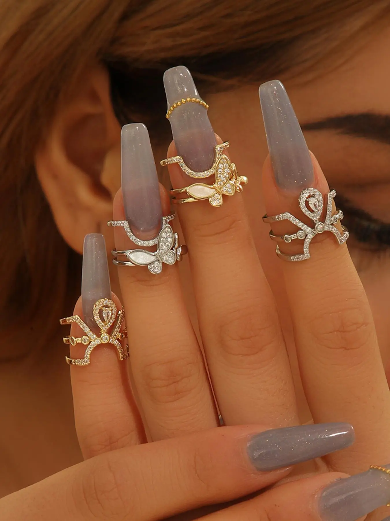 Luxury Noble & Elegant Nail Ring, Fashion Jewelry for Party, Daily Clothing Decor, Trendy All-match & Exquisite Jewelry for Birthday Gift, Dainty Stacking Rings, Elegant Glittering Ring, Stackable Ring Set