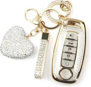 Key Fob Cover with Diamond Keychain Compatible with Nissan Car Key Holder Compatible with Nissan Rogue Pathfinder (2023 2024 2025) Sentra (2024 2025) for Women, 5 Buttons (White-Heart)