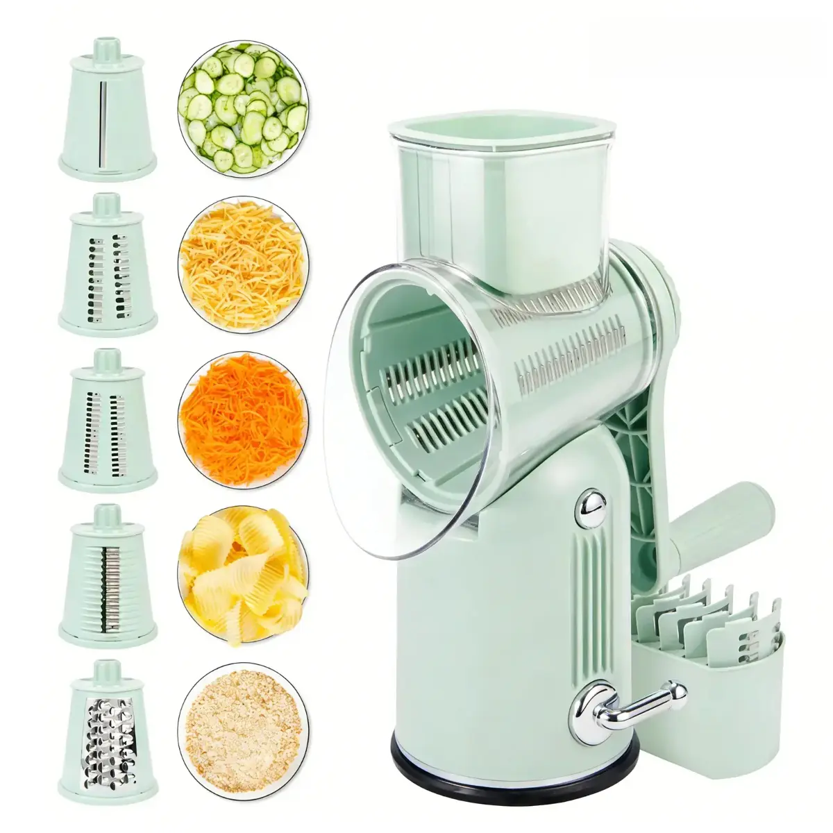 5-in-1 rotary cheese grater and vegetable chopper, with suction cup base and safety handle - suitable for shredding cheese, vegetables, fruits, and chicken