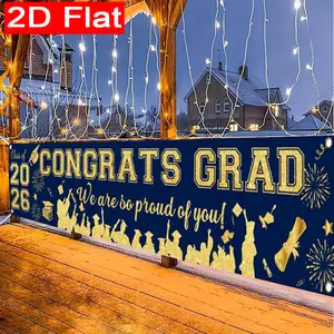 2D Flat, Navy Blue and Golden Graduation Decorations Class of 2026 Yard Banner Congrats Grad 2026 Graduation Navy Graduate Party Yard Decorations-Suitable for Wall Fence Yard Garage Garden Porch Balcony No Electricity Needed, 2D Flat78X18IN