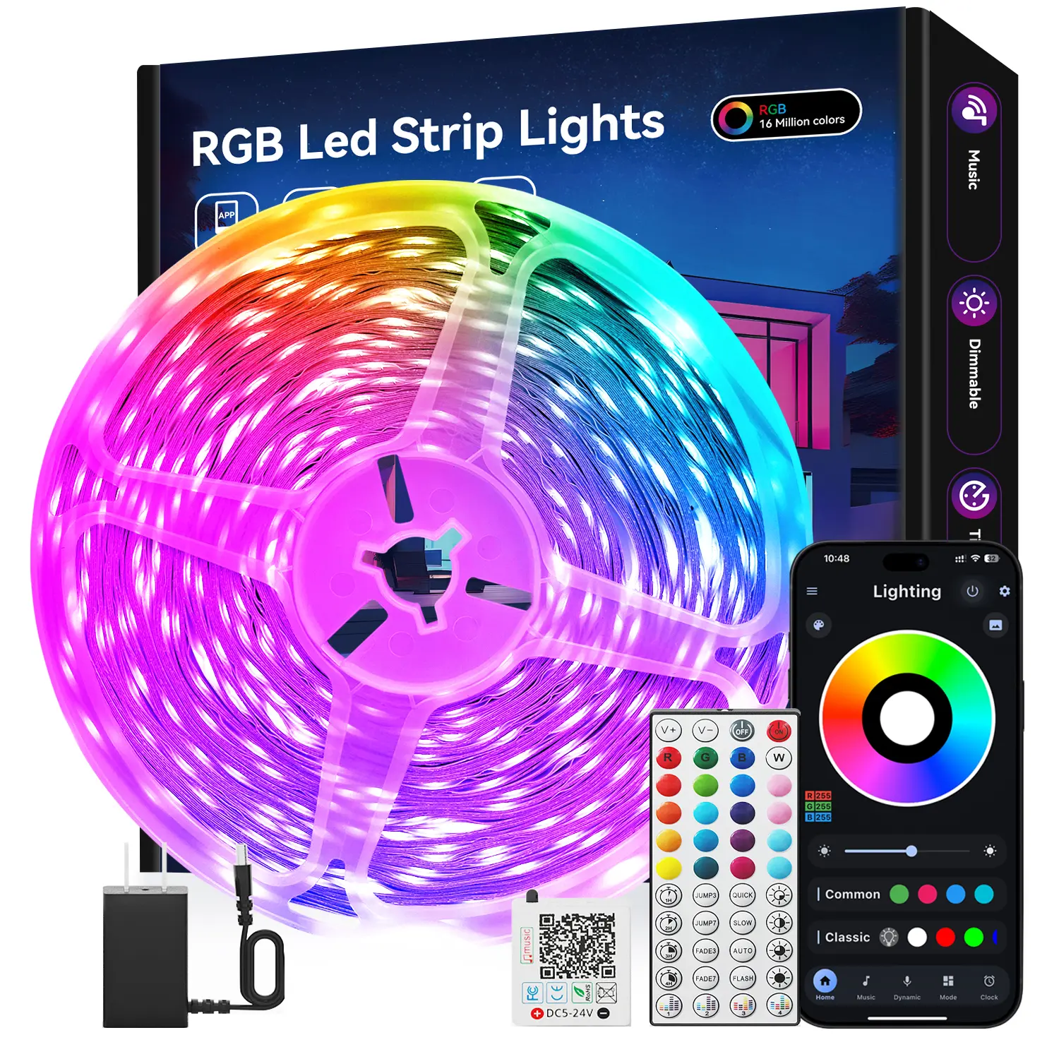 RGB Smart LED Strip Lights for Bedroom, App & Remote Control, Music Sync, Timer, Color Changing