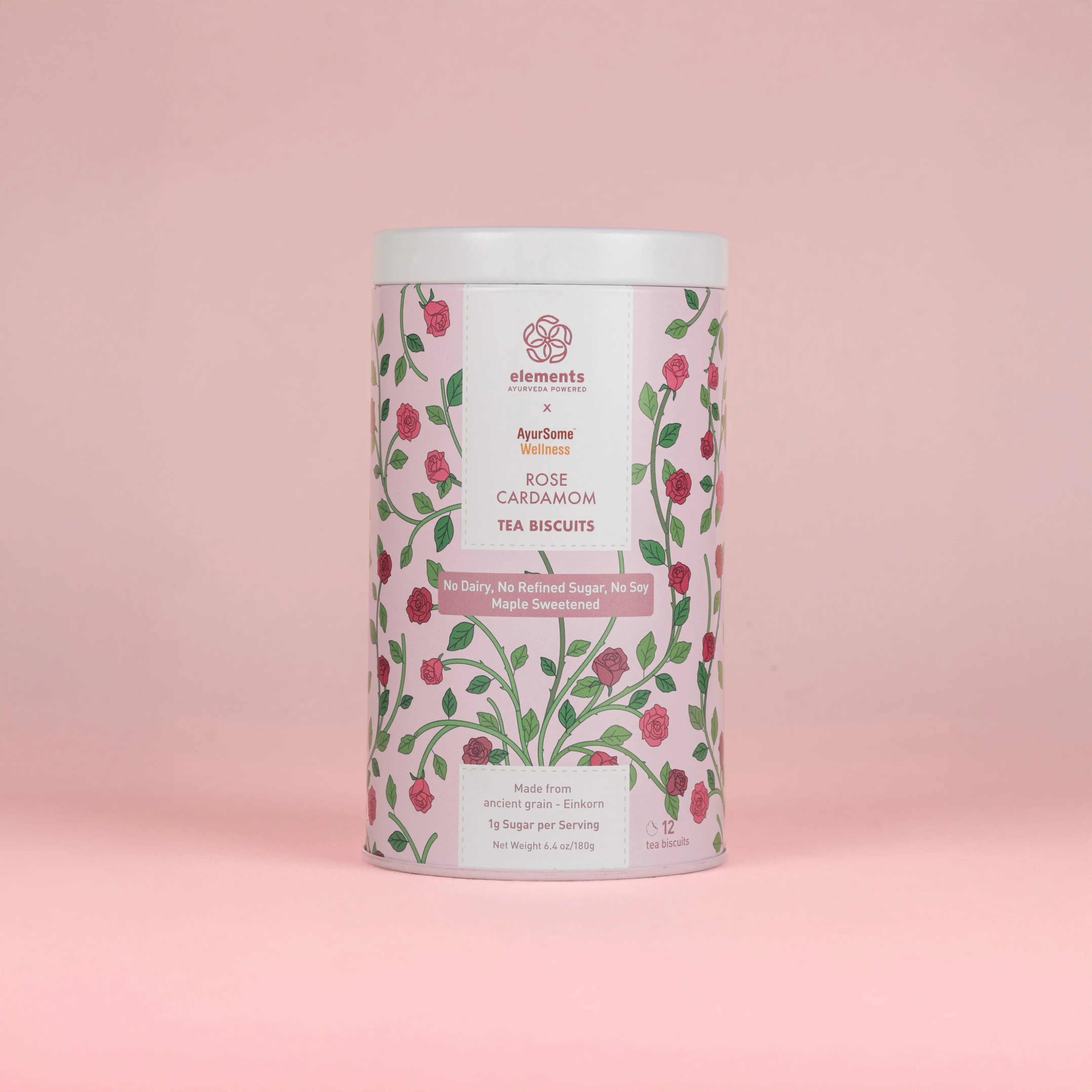 Einkorn cookies, Rose Chocolate drizzled, Ancient Grain Tea Biscuits, AyurSome Wellness Rose Chocolate Einkorn Cookies, Vegan, No Refined Sugar, 12 Cookies tin