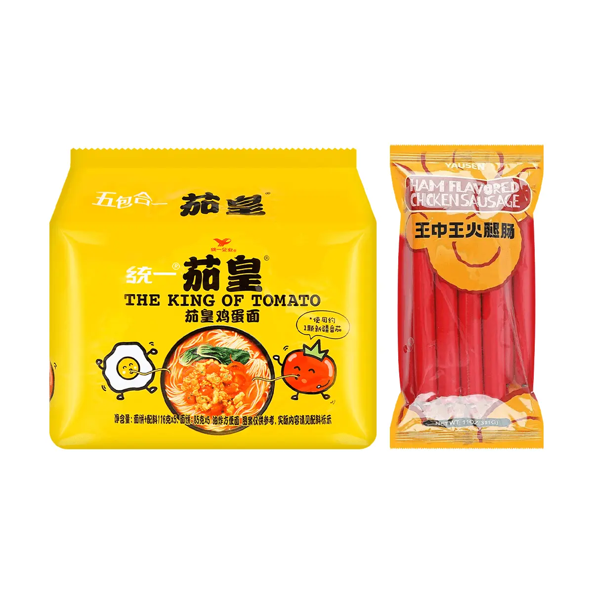 Uni-President Tomato Egg Noodles 580g & YAUSEN King of Kings Chicken Ham Sausage 331g - Viral Snack Combo for Late Night Cravings