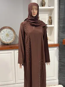 Closed Light Brown Abaya with Beaded Detailing and Elegant Design for Modest Wear Featuring Rich Brown Hue and Stylish Look