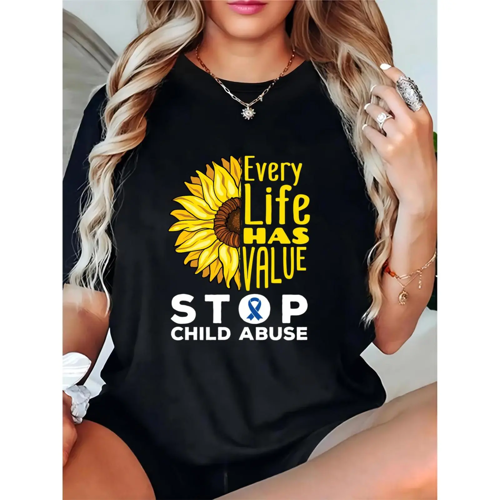 Ladies' Basic Short-Sleeve Elegant Sunflower T-Shirt, Women's Blue Ribbon Tee for Day Wear - "Every Life Has Value Stop Child Abuse" Child Abuse Prevention Advocacy Casual Top, Prints, Comfortable, Cotton, Feminine, Essential