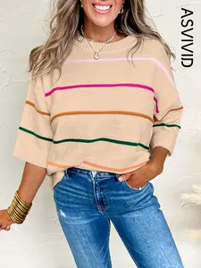 Women's Casual Round Neck Colorblock Striped Half Sleeve Drop Shoulder Sweater Pullover, T-Shirt for All Seasons, Comfortable and Stylish Top