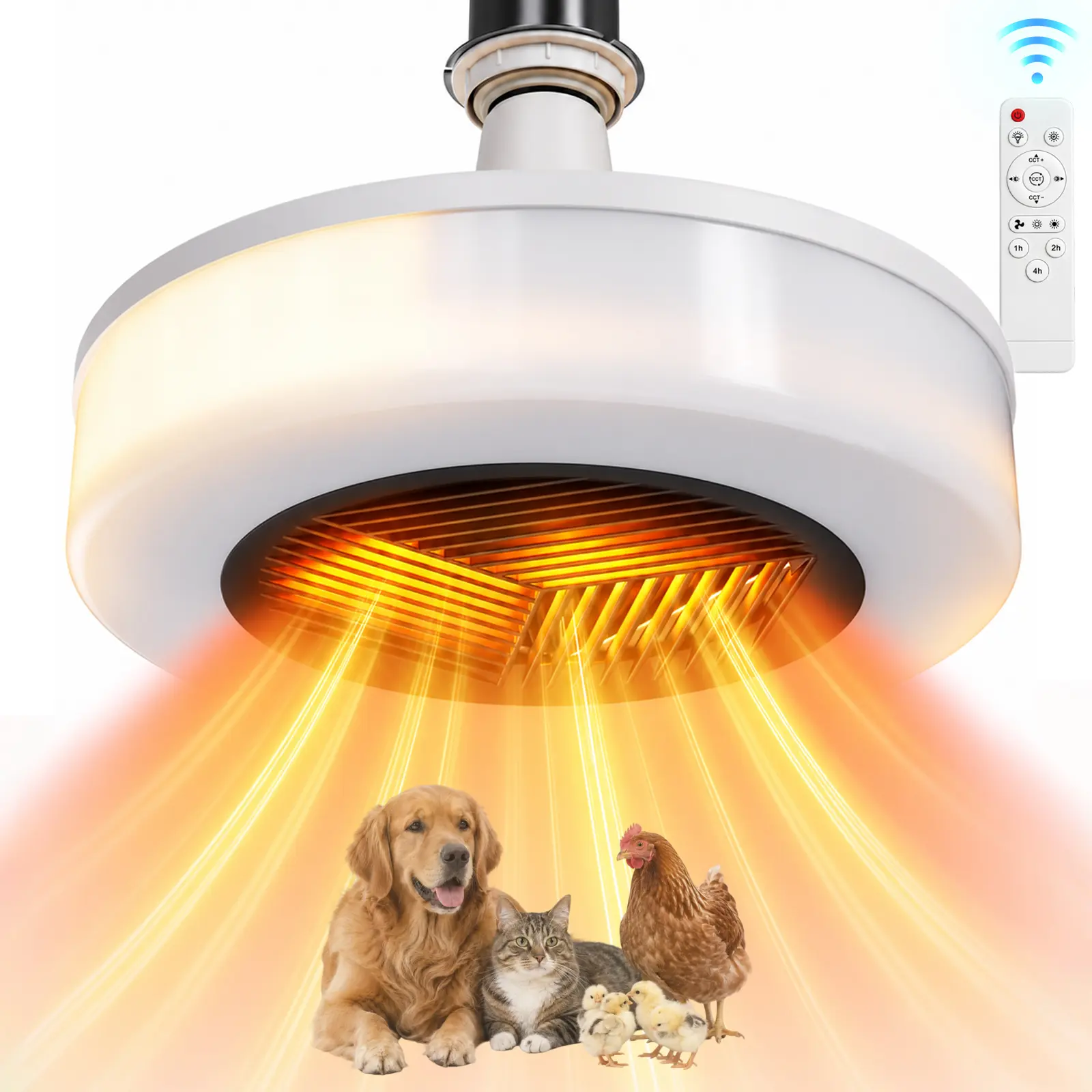 400W Hanging Chicken Coop Heater with Light and Fan, 3-in-1 Brooder Heat Lamp with Remote Control, 2 Heat Levels, Adjustable LED Light and 1/2/4H Timer for Chicks and Poultry, 110–120V
