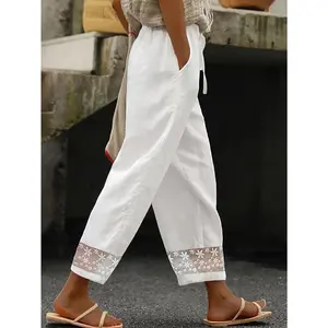Women's loose-fitting elastic waist shorts with floral lace trim - white wide-leg pants, casual summer style, comfortable for all seasons, suitable for all seasons| Lace decorative details| Opaque fabric