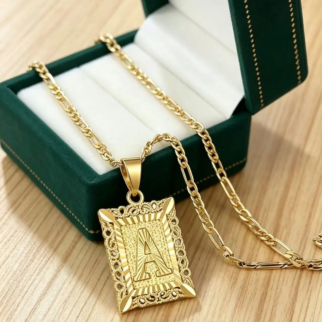 14K Gold Plated Initial Letter [A-Z] Tag Pendant Necklace, Figaro Chain Personalized Jewelry for Women