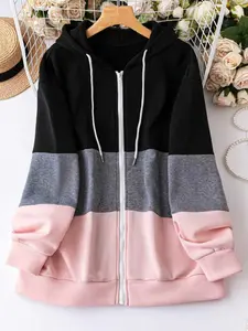 Plus Size Women's Hooded Long Sleeve Colorblock Sweatshirt, American Casual Fleece Fabric, Zipper Design, Daily Wear, Home Commute, Drawstring Zip Hoodie