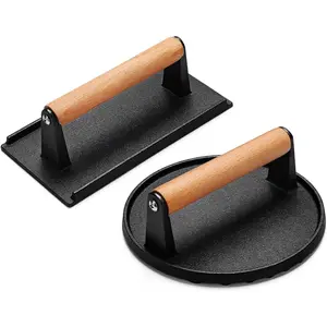 Burger Press, Smash Burger Press for Blackstone Griddle, Heavy Duty Cast Iron Round 6.9In & Rectangular 8.2x4.2In Bacon Grill Press with Wood Handle, Meat Steak Weight for Sandwich, Paninis