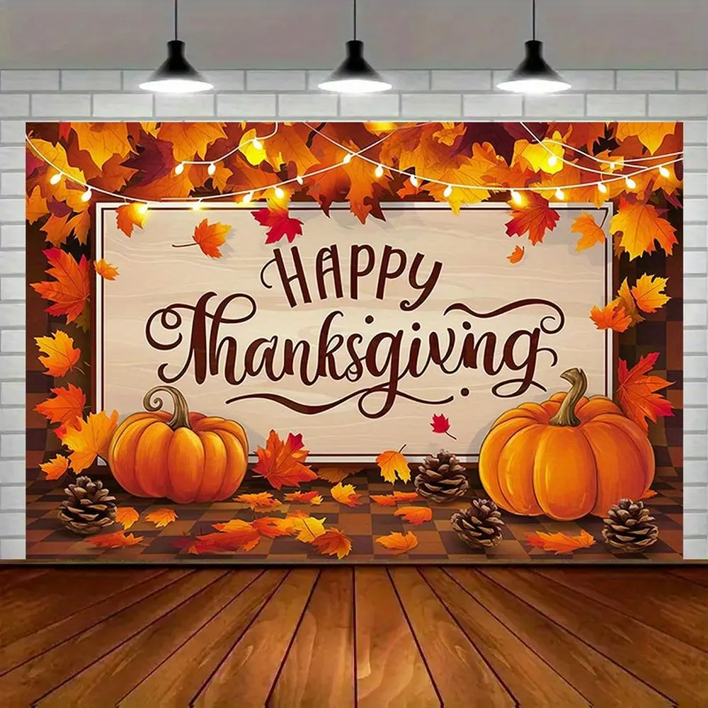 1pc 2D Flat Polyester Decorative Banner - Happy Thanksgiving Harvest Party Decoration Supplies, Autumn Leaves, Pumpkins, Warm String Lights Design, Ideal for Home Ornaments, White