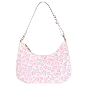 Small Pink Crescent Shoulder Bag Underarm Purse with Cherry Strawberry Leopard Ballet Prints