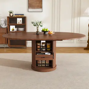 59" Extendable Oval Dining Table with 2-Tier Storage for 4-6 Eco-Friendly MDF Walnut Brown Finish Pedestal Base Space Saving Expandable Kitchen Table