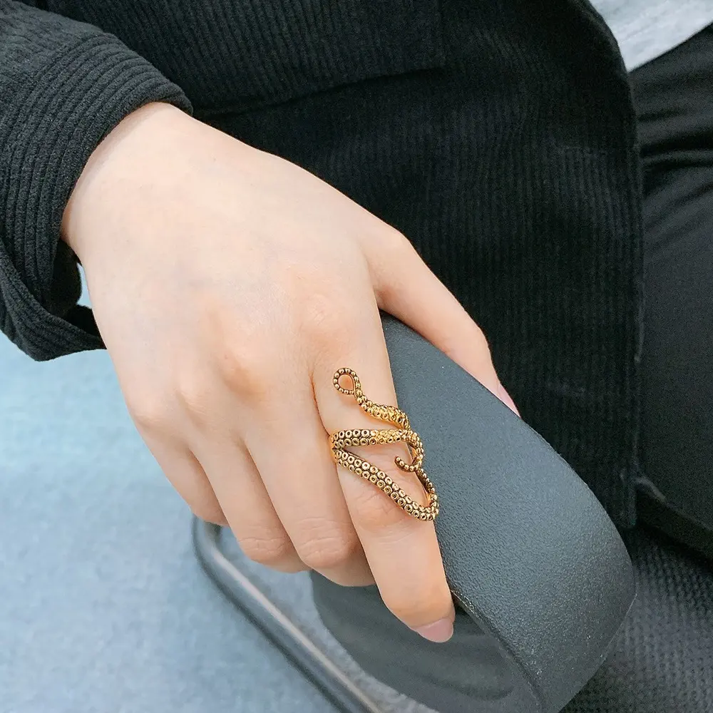 U7 Octopus Shape Adjustable Open Ring - Animal Theme Nautical Artificial Gemstone Jewelry, Hypoallergenic Metal Cocktail Party Accessory