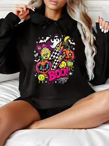 Women's Spooky Halloween Hooded Sweatshirt - Cute & Pumpkin Boo Design with Bats, Ghosts & Jack-O'-Lanterns, Neon BOO Lettering, Long Sleeve Pullover Hoodie for Fall Parties, Trick Treat Outfit, Casual Cozy Sweater Breathable Cloud Fabric Womenswear