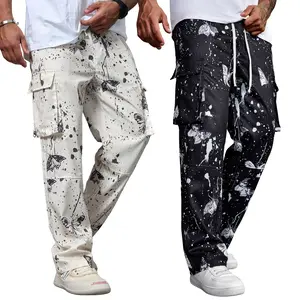 Mens Fancy Elegant Aesthetic Menswear Cargo Trousers - Butterfly Ink-Splatter Print, Multiple Pockets, Loose Straight Fit, Street-Style Design, Various Colors, Suitable for Everyday Wear, Casual Occasions, Streetwear Clothing, Fashion Men Clothes