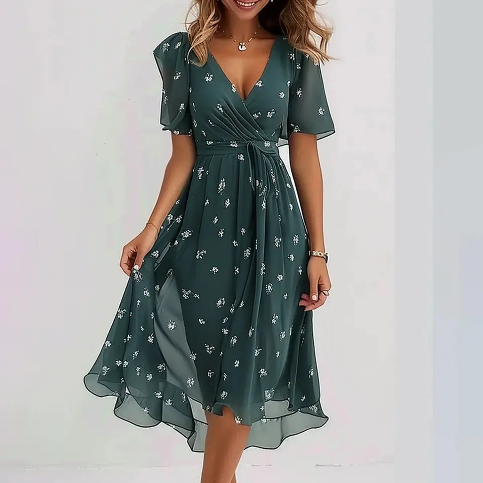 womens chiffon printed midi dress  Midi Dress Women's Chiffon Breathable Casual
