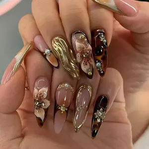 24 Pcs 3D Luxury Gold Leaf Almond False Nails, 3D Lily and Leopard Design, Pearl and Metal Rivet Decor, Glossy Reusable Fake Nails Nail Art