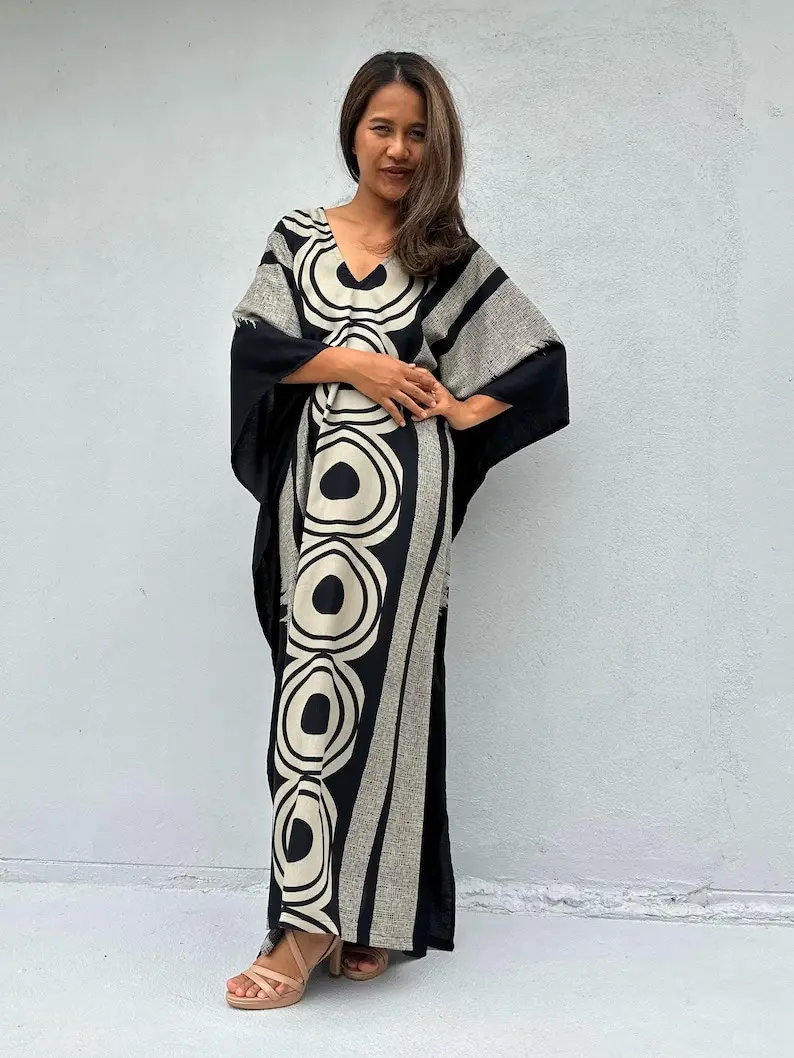 Black Hand Silkscreened Kaftan - African Kaftan Dress, Moroccan Caftan, Resort Wear, Gifts for Her