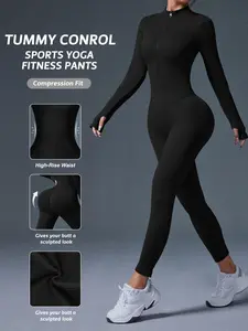 Women's Seamless Yoga Pantsuit, Sports Jumpsuit, Workout Jumpsuit, Long Sleeve Zipper Design, Nylon Material, Elastic Comfortable Fit, Perfect for Fall & Winter Seasons
