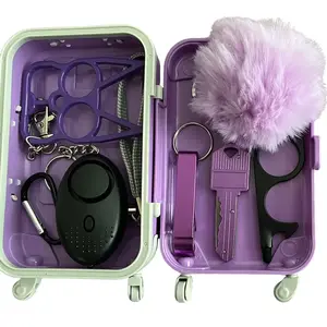 Mini Keychain and Suitcase Rectangular Purple and Black Travel Accessory with Keyring and Pom Pom
