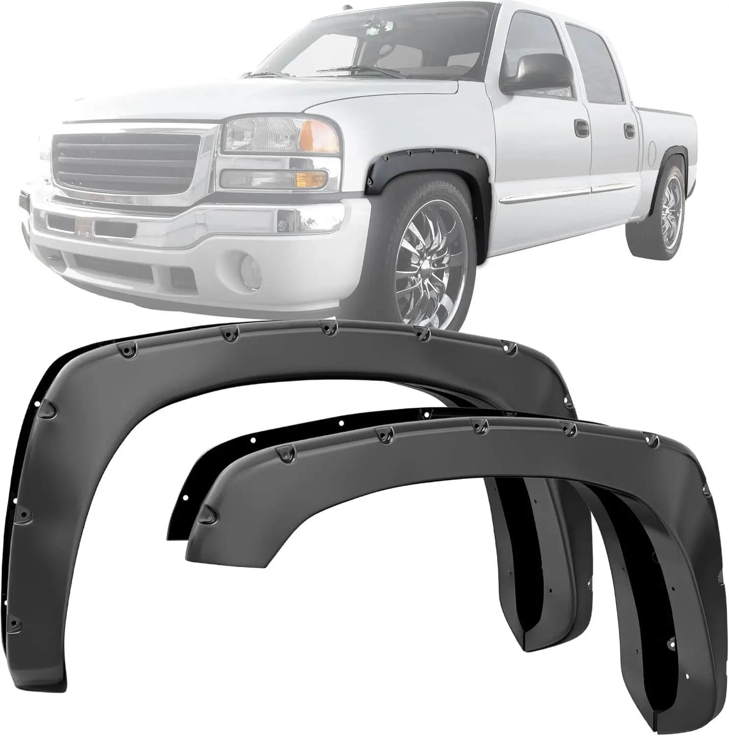 OEDRO Front Rear Fender Flares Kit Compatible for 1999-2006 Chevy Silverado/GMC Sierra 1500 2500HD 3500HD (Incl. 2007 Classic Models), Smooth Black Wheel Well Cover Guards Pocket Rivet Style Chrome Eyebrow Headlight Trim Cover