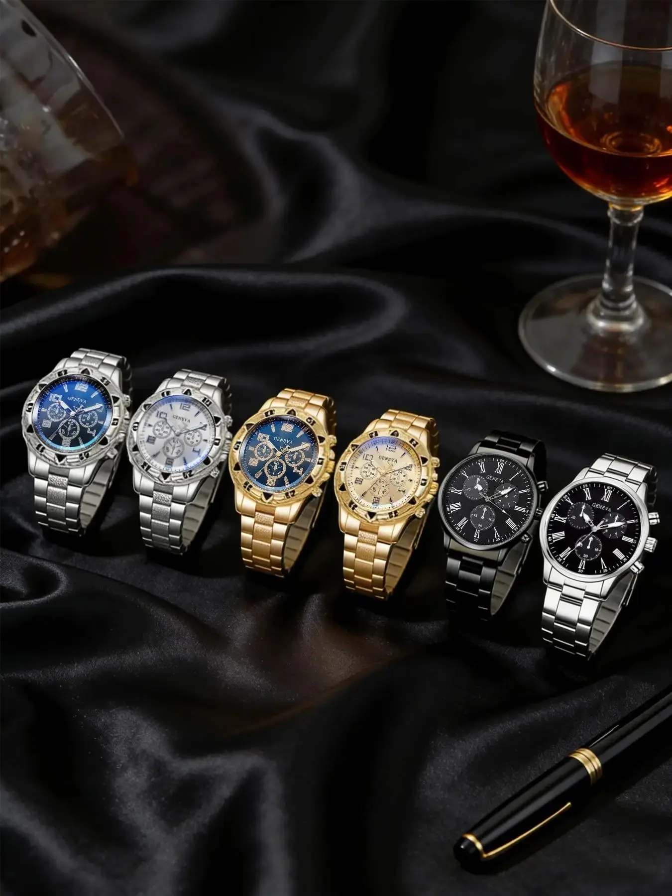 6counts - New Men'S Stylish Round, Casual Quartz Analog Watch Set, Suitable for Daily Wear, Parties, Valentine'S Day, Easter, Christmas Gifts for Friends And Family, Holiday Gifts, Fashionable Additions, Battery-Operated Watches, Analog Wristwatches