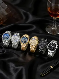 6counts - New Men'S Stylish And Unique Round Quartz Watch Set, Suitable for Daily Wear, Parties, Valentine'S Day, Easter, Christmas, Halloween, And Ramadan Gifts for Friends And Family, Holiday Gifts, Fashionable Additions, Battery-Operated Watches