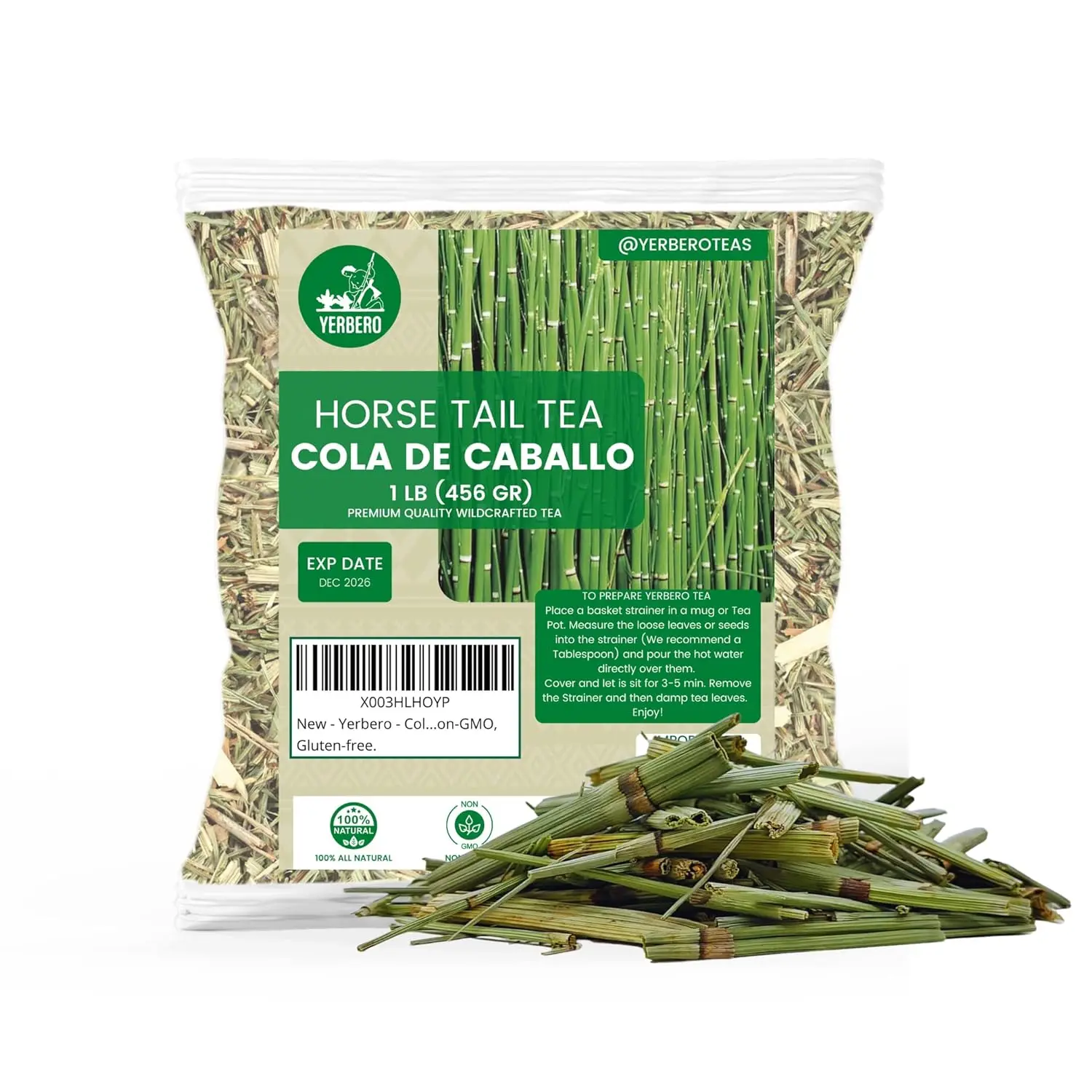 Yerbero - Cola De Caballo 1LB (16.08 oz) | Té de hierbas sueltas enteras de cola de caballo | Hierba de afeitado/hierba de serpiente | Bolsa resellable de pie | Hecho a mano por Nature100% natural, sin OMG, sin gluten.