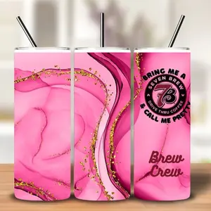 Seven Brew Tumbler 20 ounces - Pink Design with Gold Accents, Includes Lid & Straw, Ideal for Everyday Use - Drinkware, Bottle