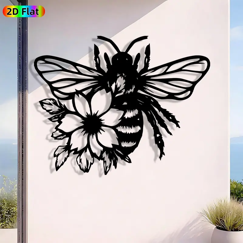 1pc Romantic Bee with Flower Metal Wall Art, Romantic Bee with Flower Statue Mural, Iron Craft, Perfect for Living Room, Garden, Indoor/Outdoor Decor, Intricate Craftsmanship, Artistic Metalwork, Valentine's Decor, Ideal Gift for Nature Lovers