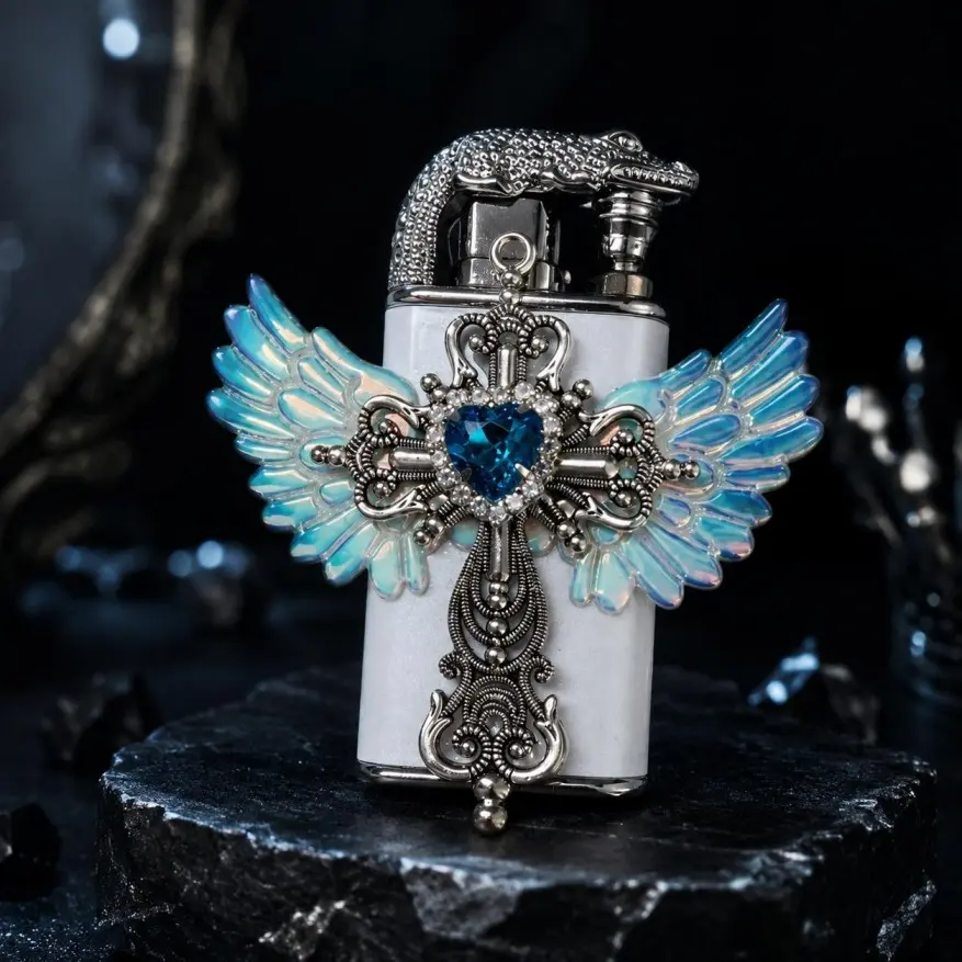 Dual-Flame Butane Lighter for Women (Fuel Not Included), Refillable Jet & Soft Flame, Black Evil Eye Wing Design, Christmas Gift for Her