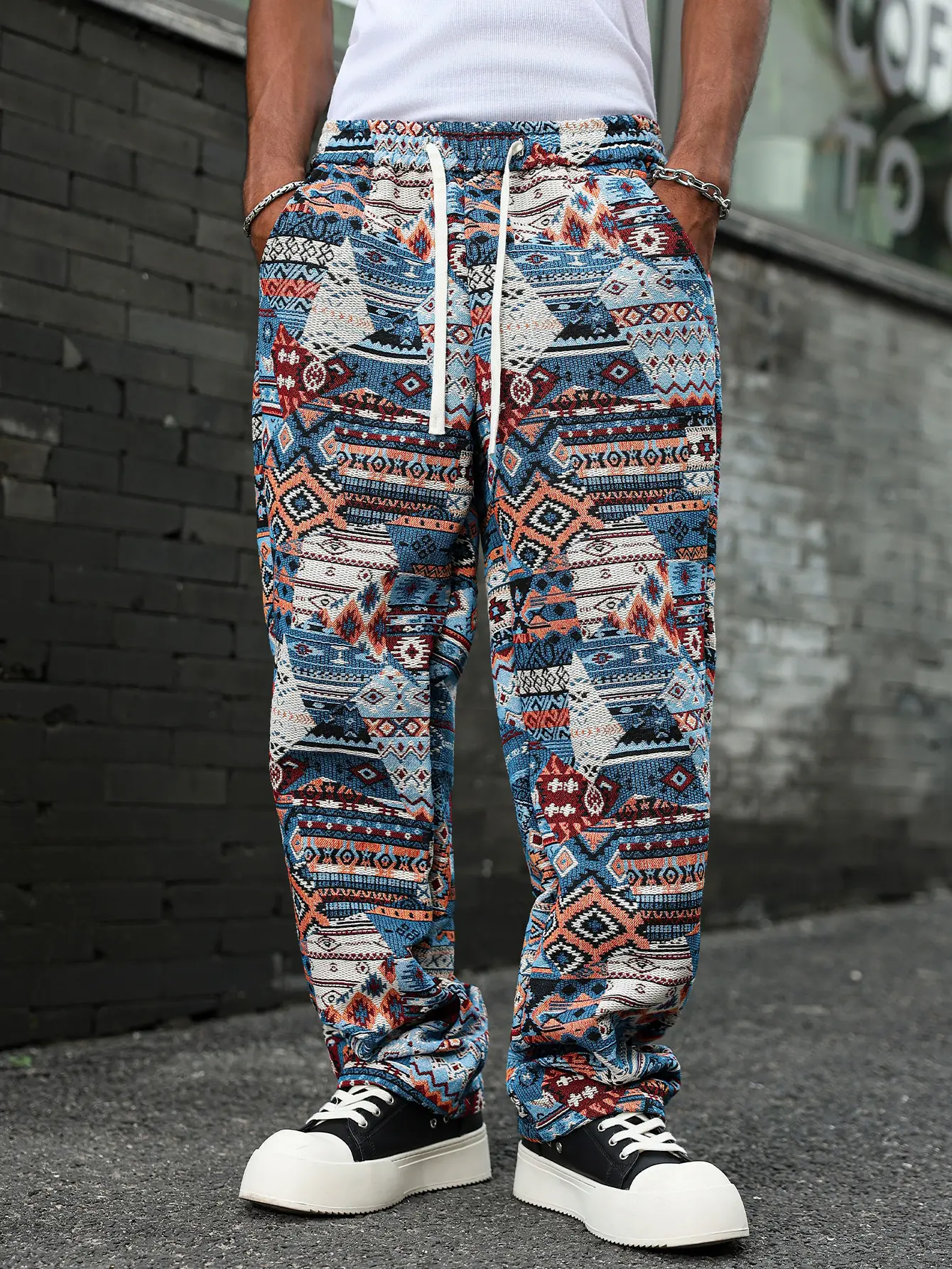 Men’s Bohemian Diamond Jacquard Wide Leg Pants – Y2K ethnic trend, textured woven fabric, all over geometric pattern, elastic drawstring waist, relaxed fit, statement trousers for city photography & street style