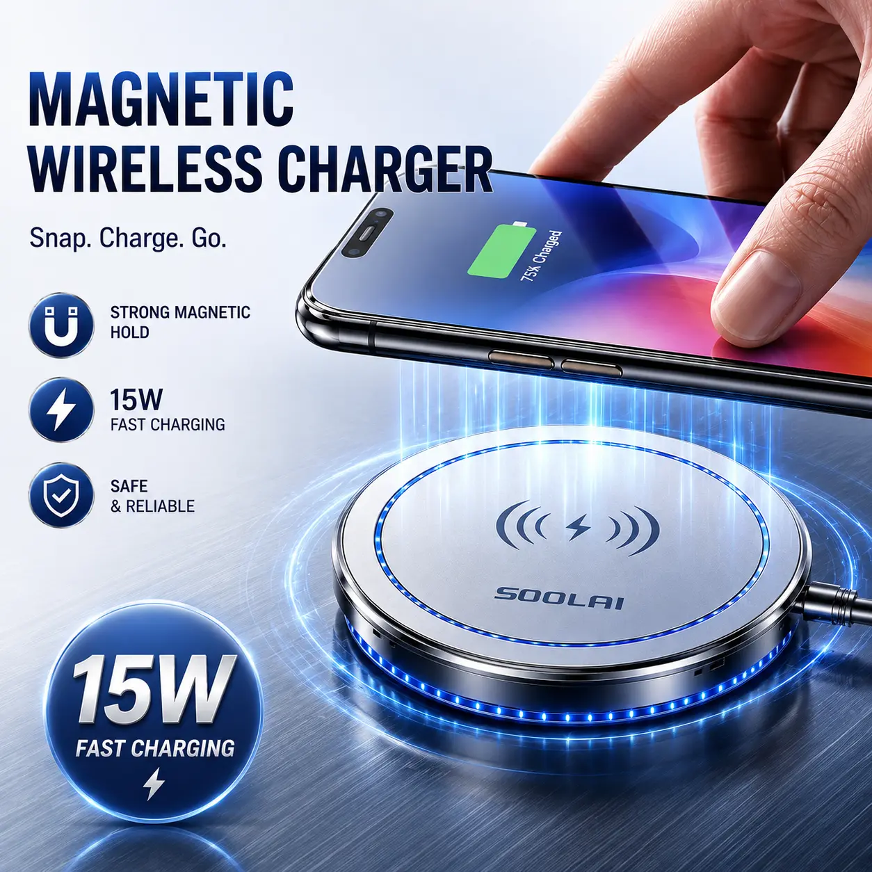 15W Embedded Magnetic Wireless Charger, Desk Mount Phone Charger with LED Light & Strong Magnetic Alignment, MagSafe Compatible