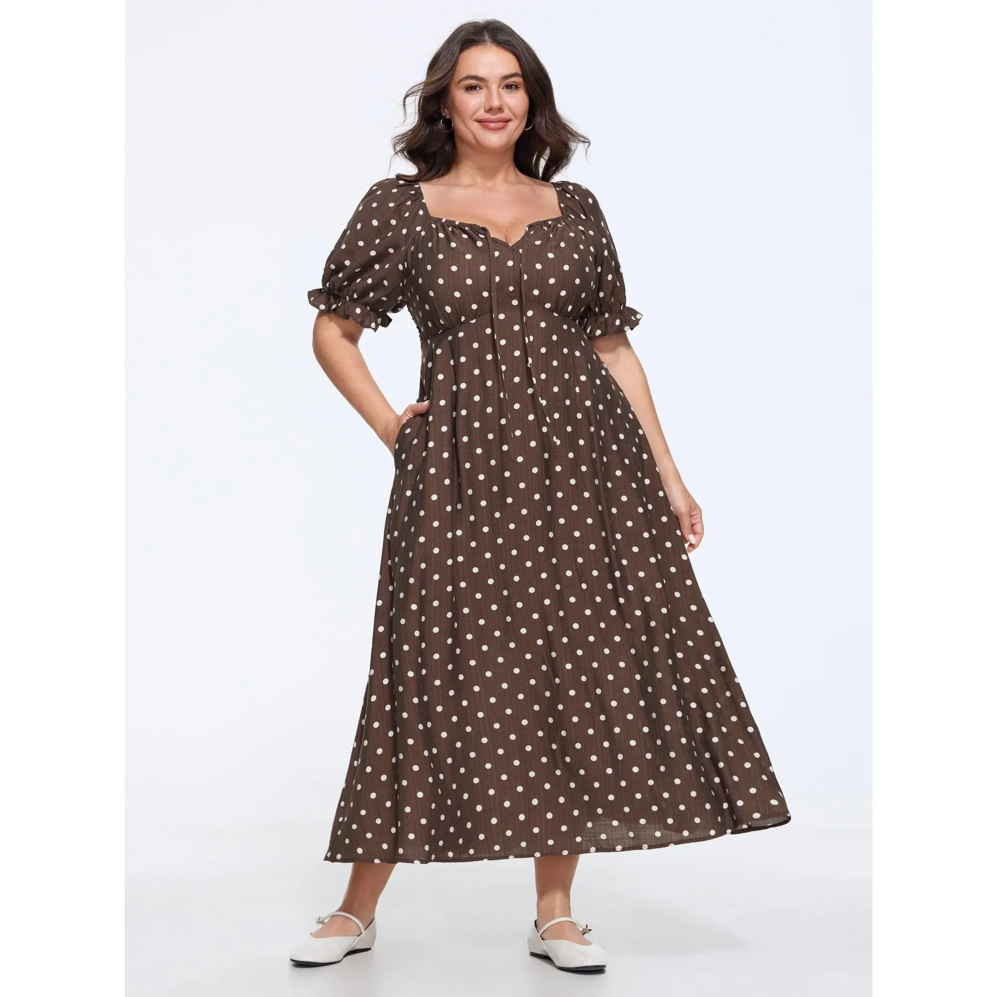 BLOOMCHIC Plus Size Supersoft Polka Dot Puff Sleeve Maxi Dress[M-6X] Back To School,Spotlight Day