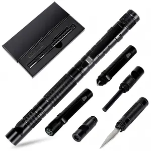 5 in 1 Outdoor Survival Tactical Pen with Compass Fire Starter Whistle Window Breaker Utility Knife Emergency EDC Gear for Camping Hiking Travel