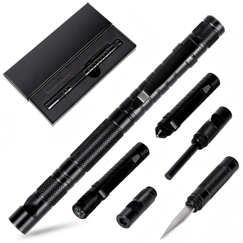 5-in-1 Aluminum Outdoor Tactical Pen (5.98in) - Pocket-Friendly EDC Style Multitool, Tactical Tool with Compass, Fire Starter, Emergency Whistle, Window Breaker, Utility Knife, Interchangeable Attachments, Pen Clip for Hiking/Camping, Outdoor Trips, 5.98,