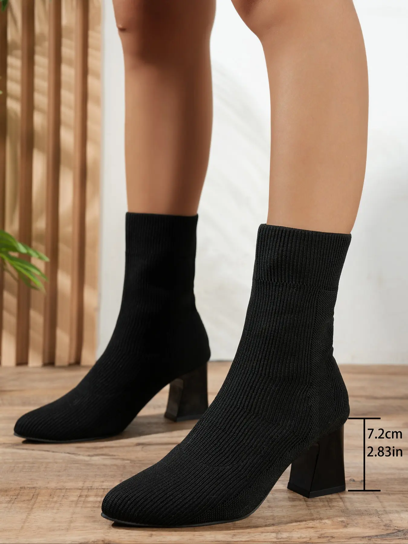 Women's Elastic Flyknit Slim Boots, Chunky Heel Knitted Short Boots, Versatile Pointed Toe Sock Boots for Commuting, Spring & Fall Classic Style, Pointy Toe Boots