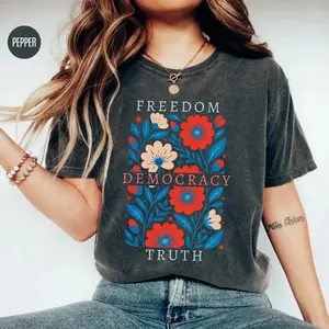 Comfort Colors Floral FDT Freedom Democracy Truth Shirt, Subtle Anti Trump Shirt, Resistance is Patriotic, 4th of July Tee, Shirt for Women